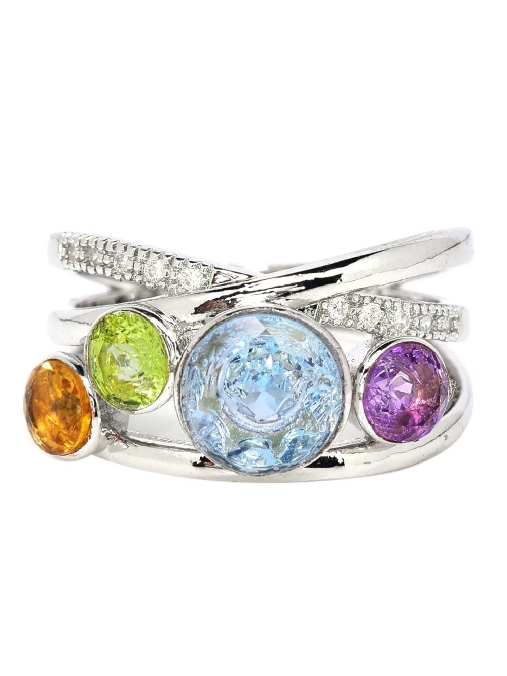 Genuine Citrine, Peridot, Topaz & Amethyst 925 Sterling Silver Ring size 8.5